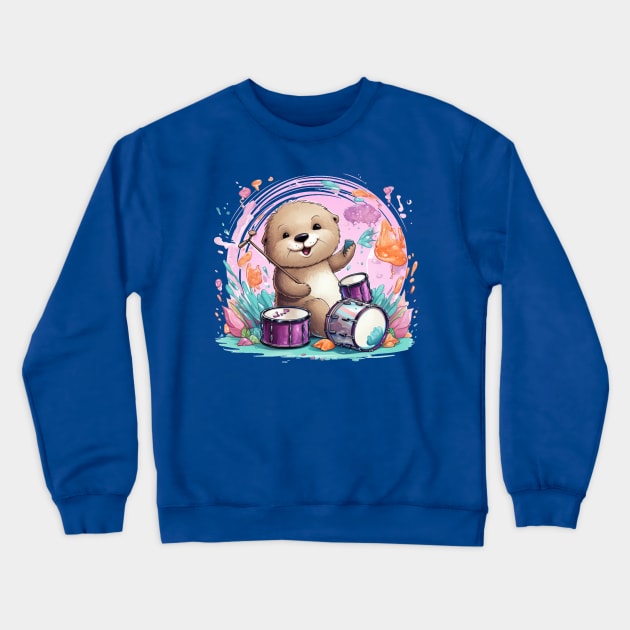 Cute Sea Otter playing drums Crewneck Sweatshirt by MilkyBerry